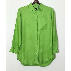 100% Linen Button Up Shirt Women's XL Green Preppy Vibrant Vacation Grandmacore‎